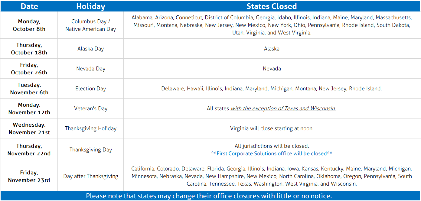 October & November State Holiday Closures First Corporate Solutions