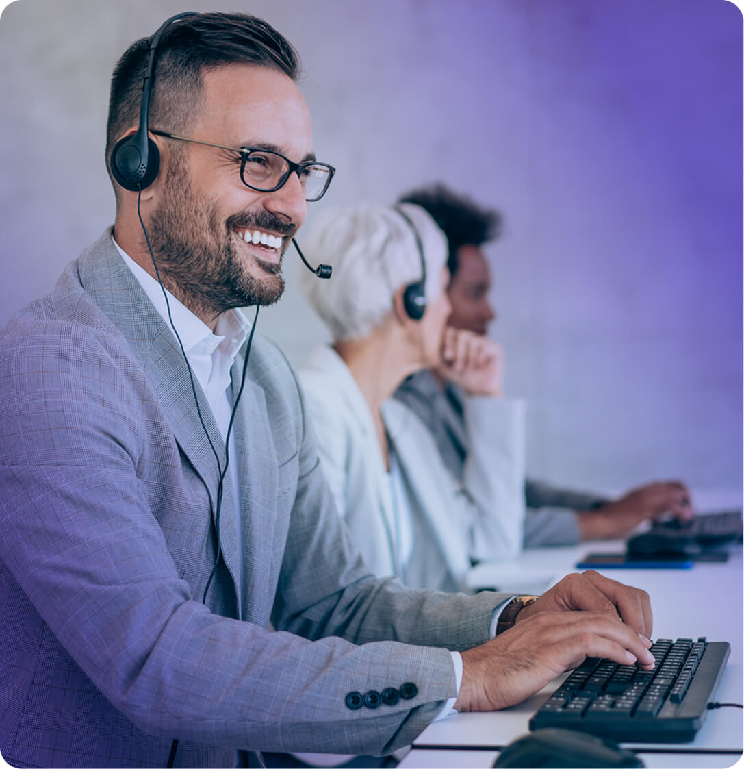 customer service rep with headset on answer a call